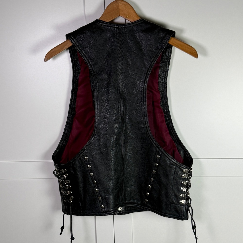 Vintage Heavyweight Premium Leather Biker Vest Studded Women's Moto Side Lace L - Picture 5 of 7
